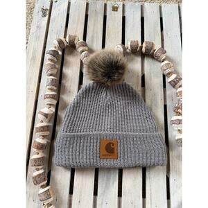 Carhartt Gray Knit Faux Fur Pom Beanie Hat
